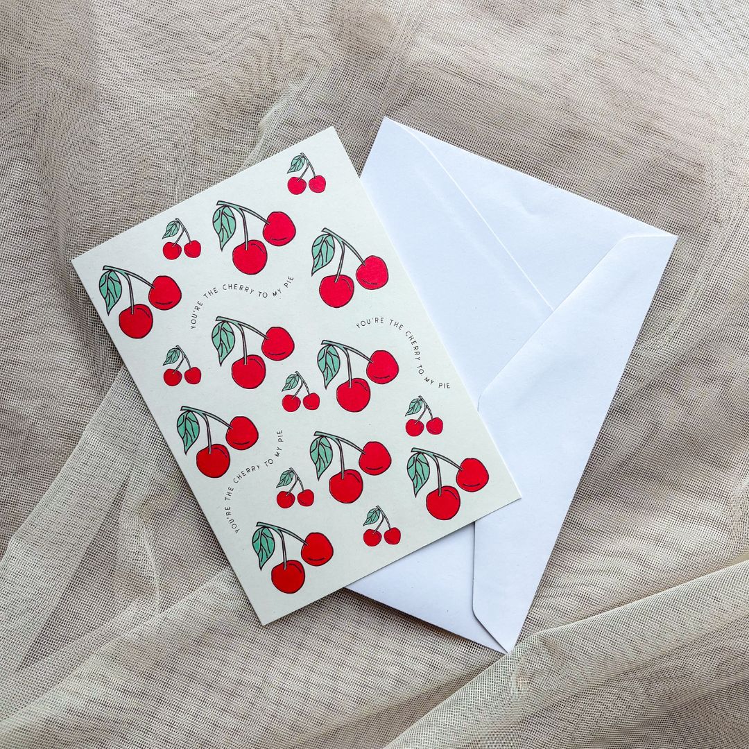 Bright , fun cherry greeting card. You're the cherry to my pie.