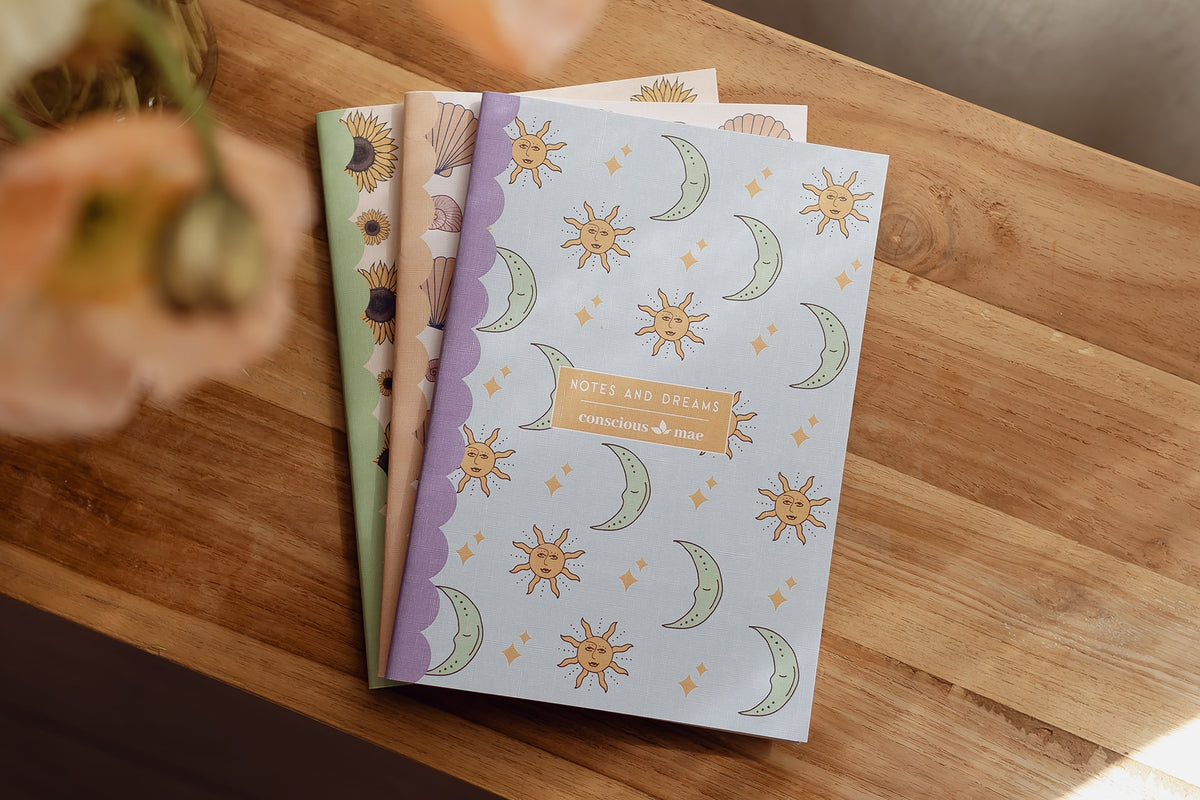 Celestial, seashell and sunflower blank page, recycled paper notebooks for writing, drawing or painting.