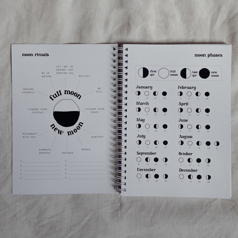 moon rituals and moon phase year overview page for 2025 conscious mae diary planner